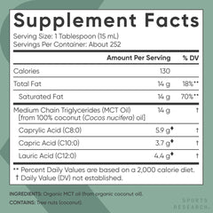Non-GMO and vegan certification icons beside Sports Research MCT Oil.
