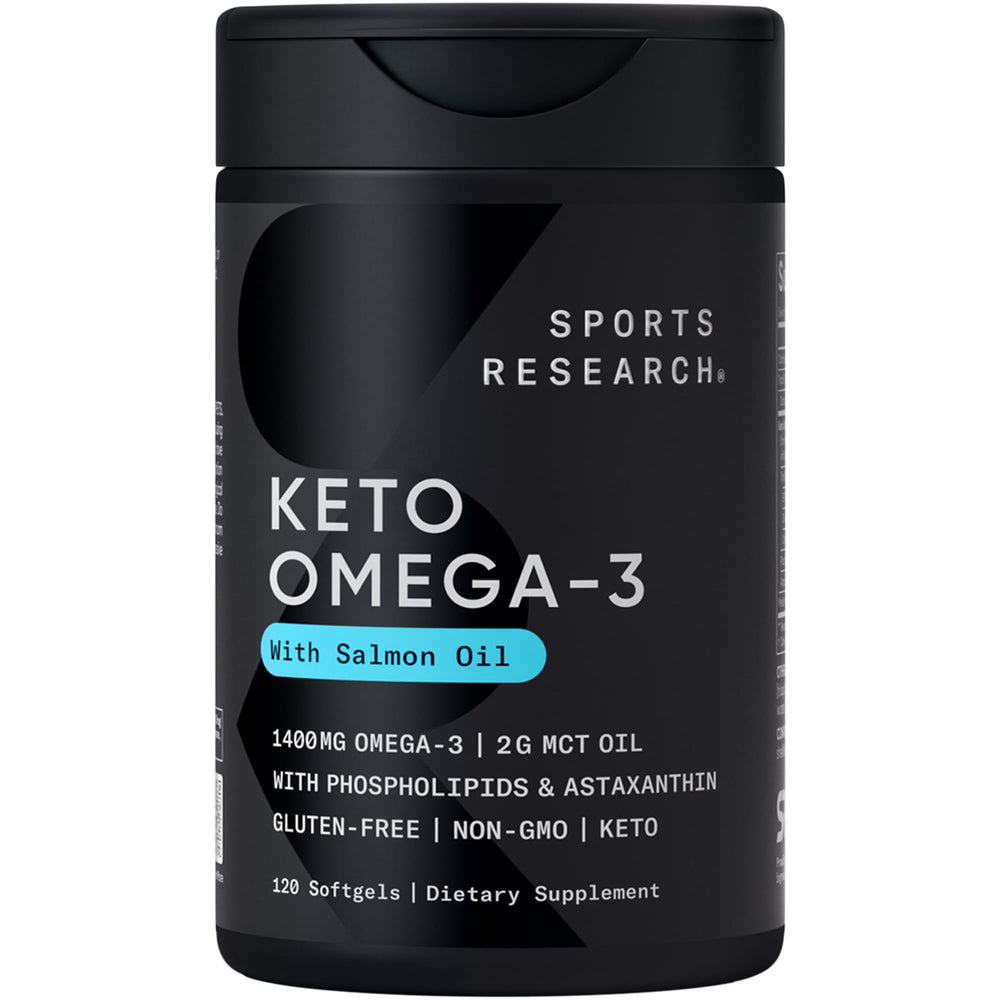 Sports Research Keto Omega bottle pour showing premium omega-3 blend for daily wellness