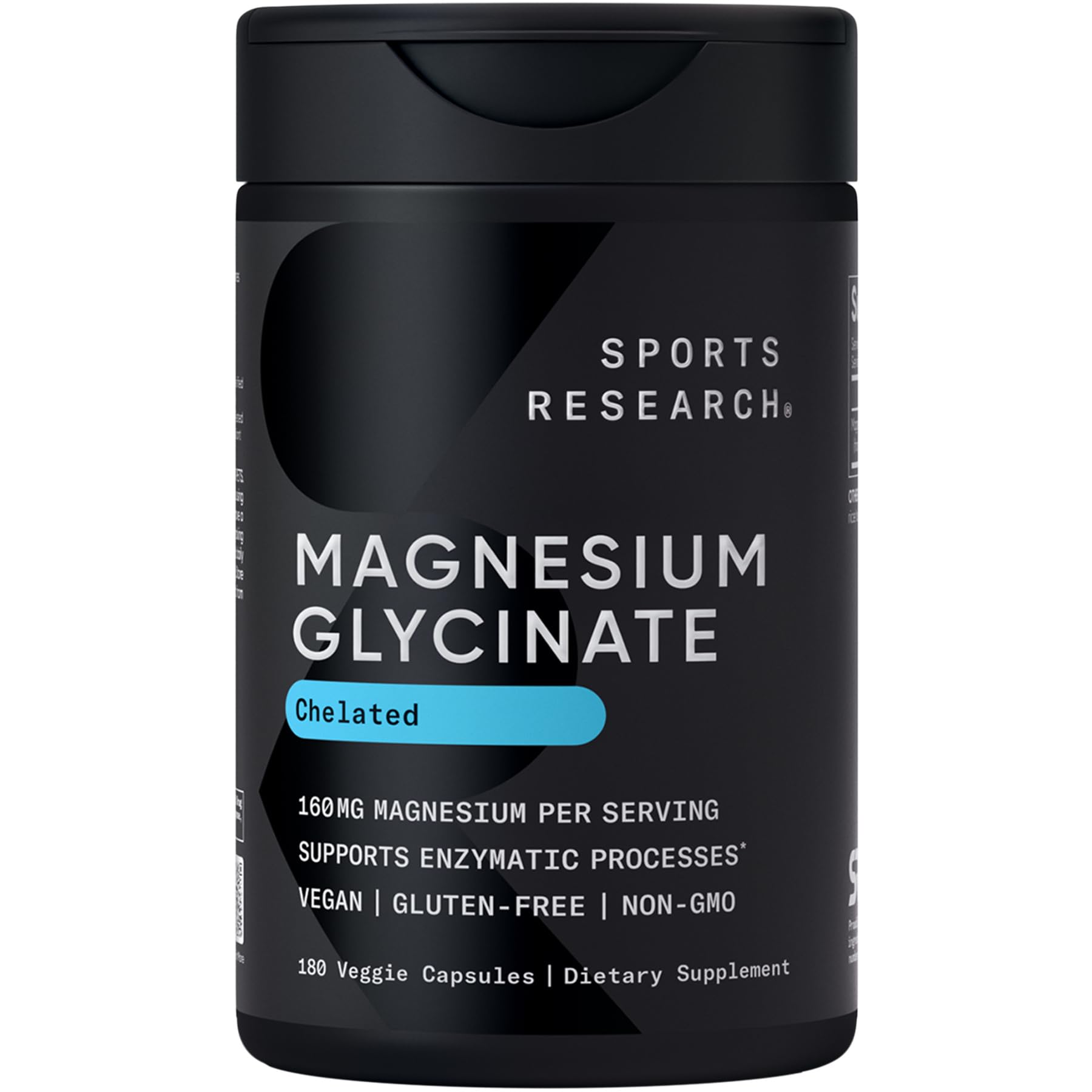 Sports Research Magnesium Glycinate bottle label close-up for high absorption.