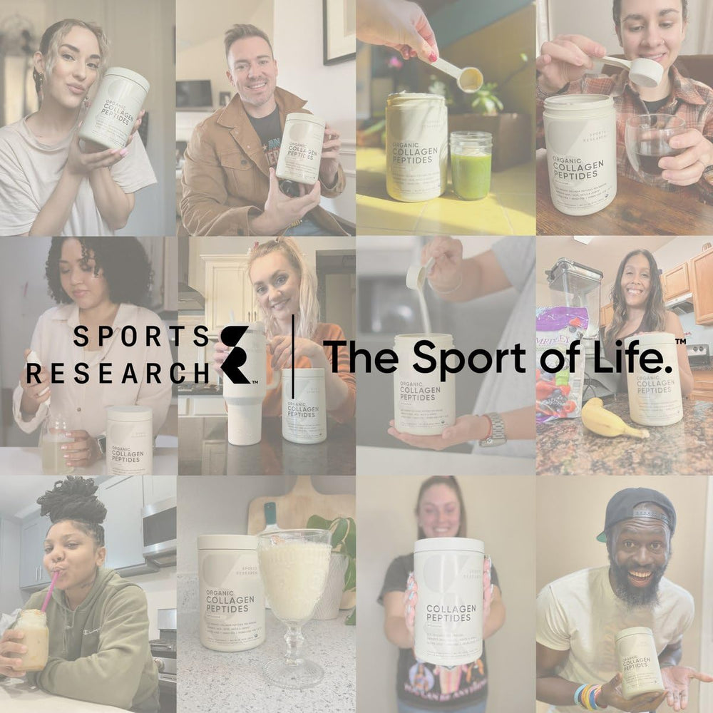 Sports Research bottle beside fresh ingredients signaling quality sourcing.