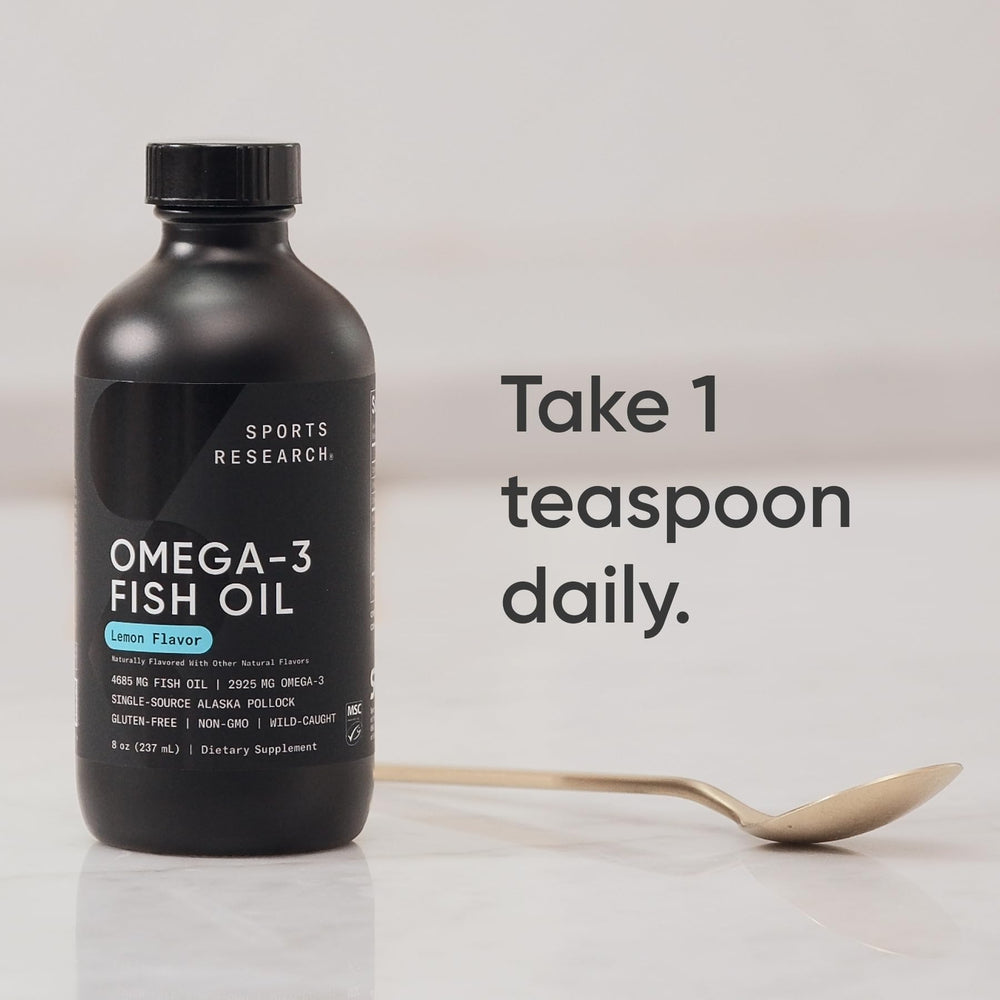 Close-up of Sports Research Omega-3 label highlighting wild-caught sourcing