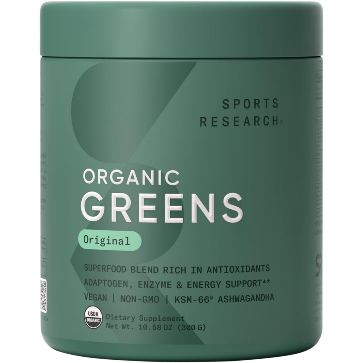 Sports Research Organic Greens Powder with a scoop for quick daily nourishment