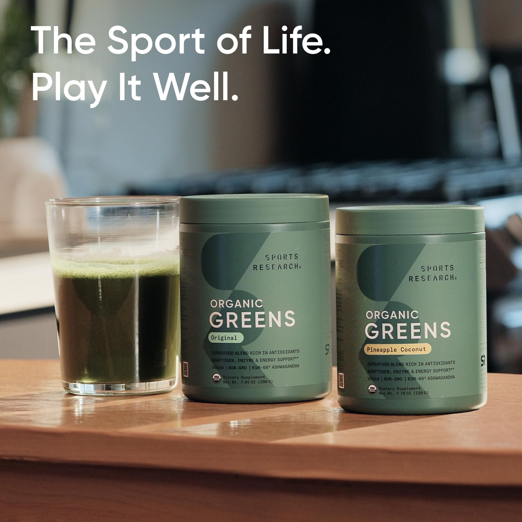 Sports Research Organic Greens smoothie mix demonstrates versatile usage in shakes.