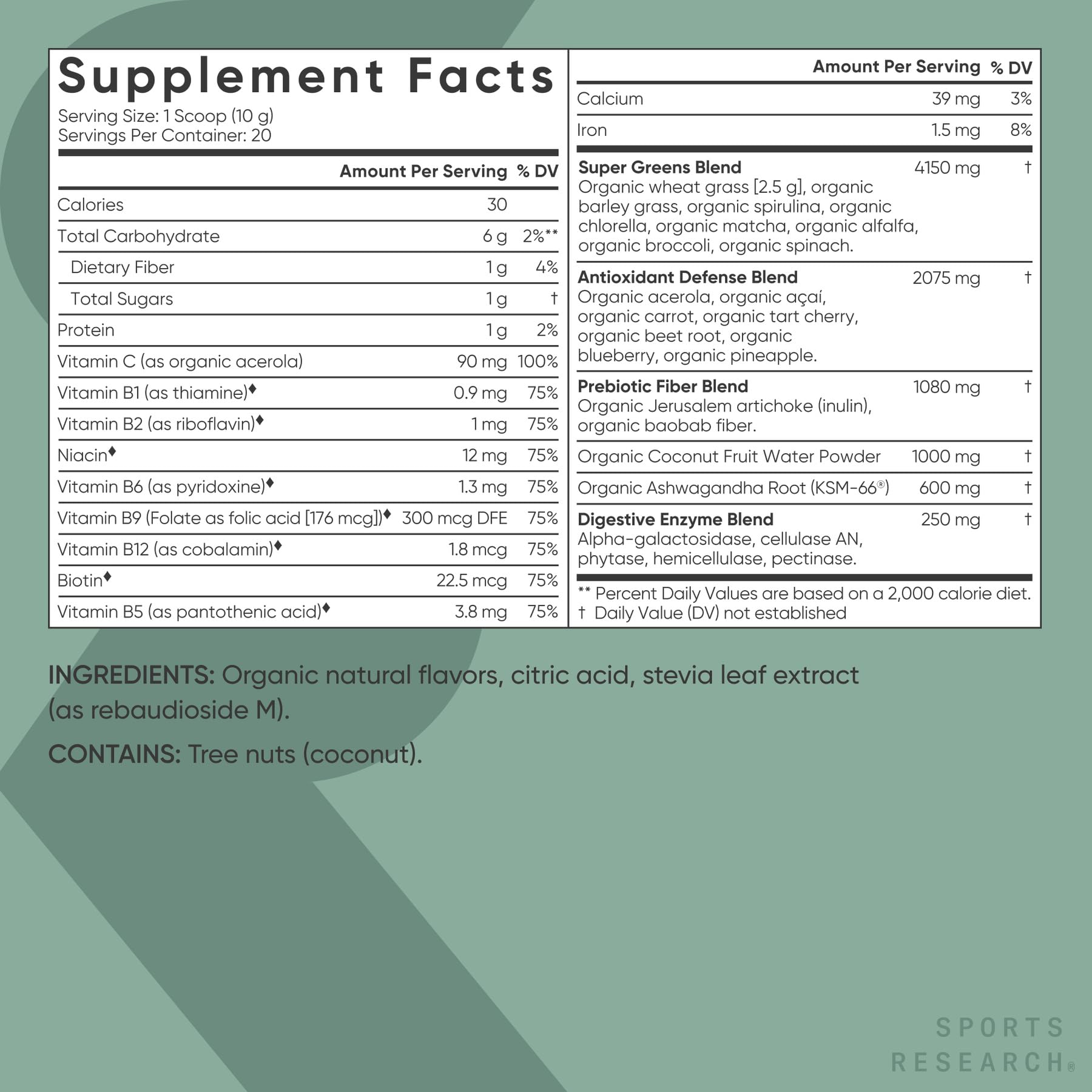 Sports Research Organic Greens spirulina-chlorella blend highlights nutrient-dense greens for vitality.