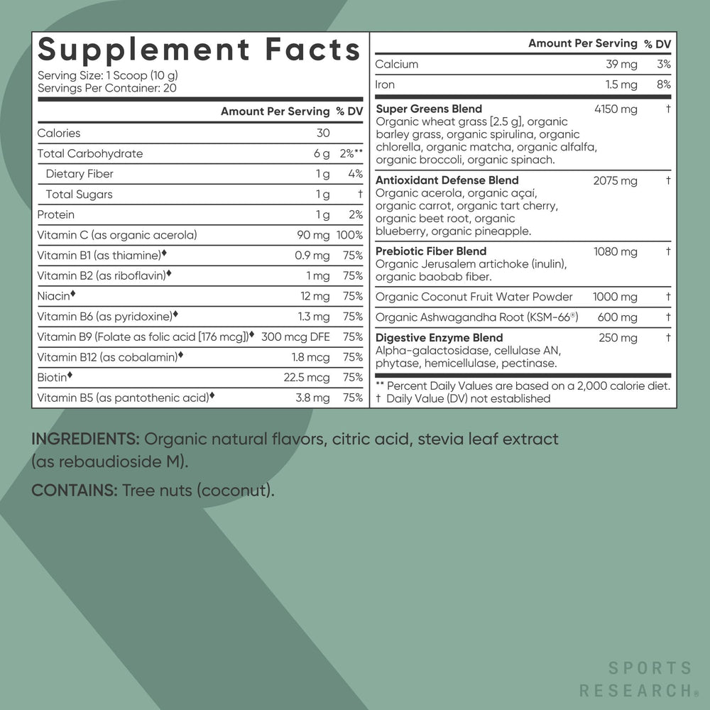 Sports Research Organic Greens spirulina-chlorella blend highlights nutrient-dense greens for vitality.