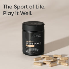 Sports Research Organic Lion's Mane bottle in hand indicating easy daily supplementation.