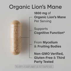 Sports Research Organic Lion's Mane bottle side shows convenient capsules for focus.