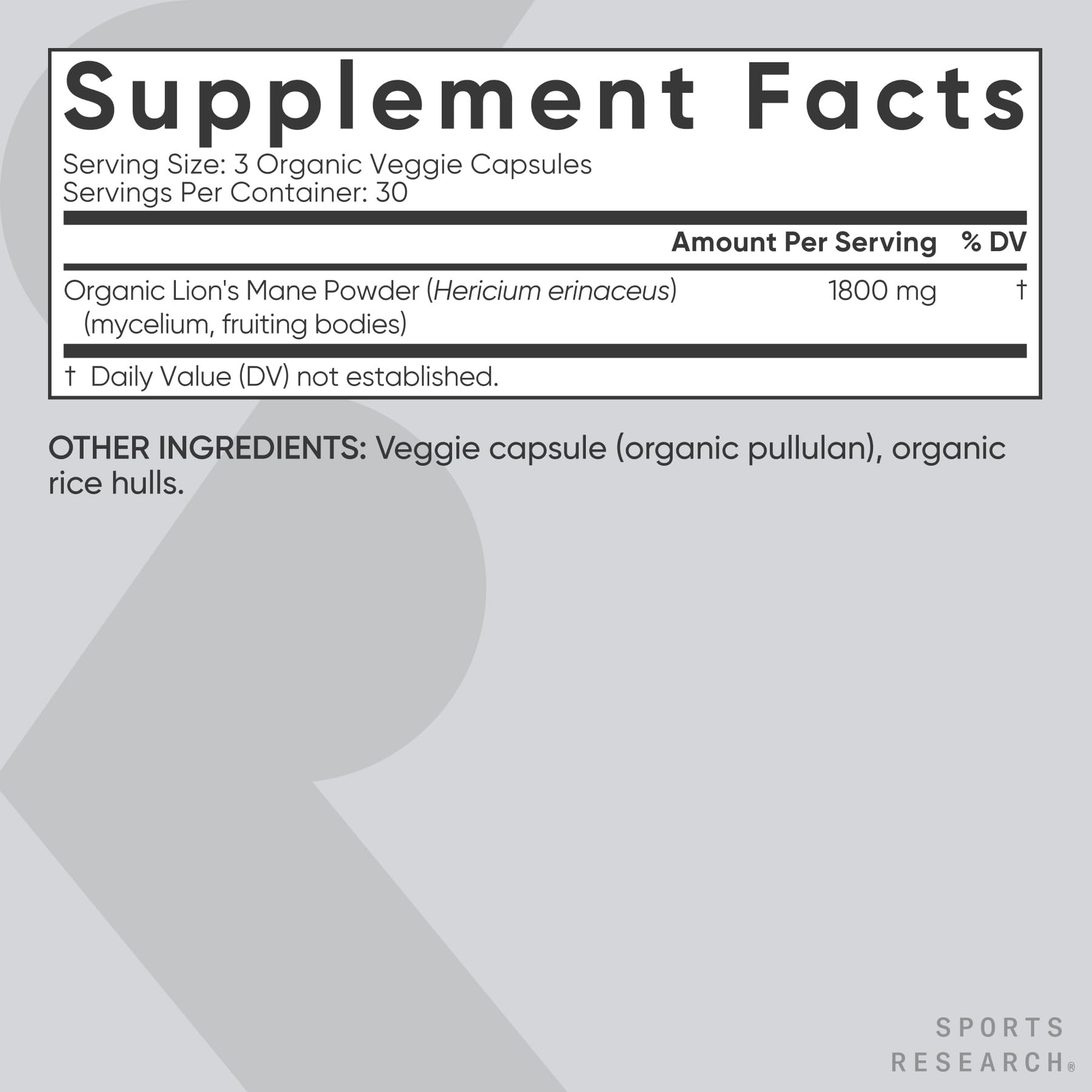 Sports Research Organic Lion's Mane extract close-up illustrating natural brain-supporting compounds.
