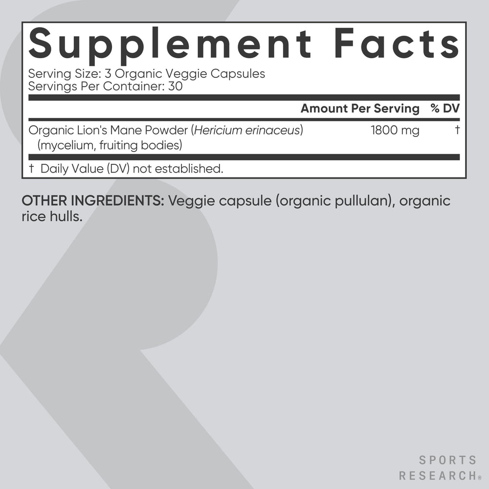 Sports Research Organic Lion's Mane extract close-up illustrating natural brain-supporting compounds.