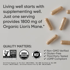 Sports Research Organic Lion's Mane label featuring organic certification and purity.