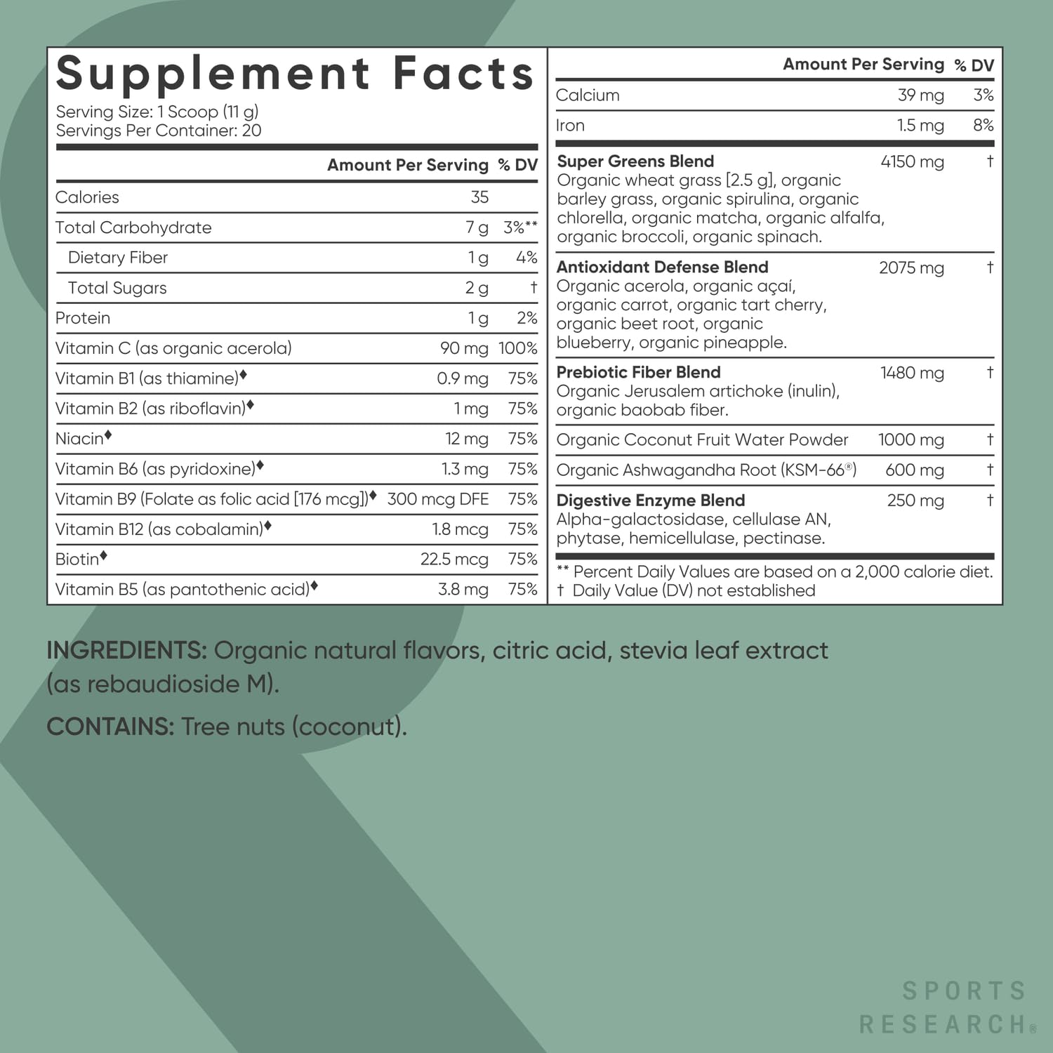 Sports Research Pineapple Coconut Greens display highlighting baobab fiber and enzymes