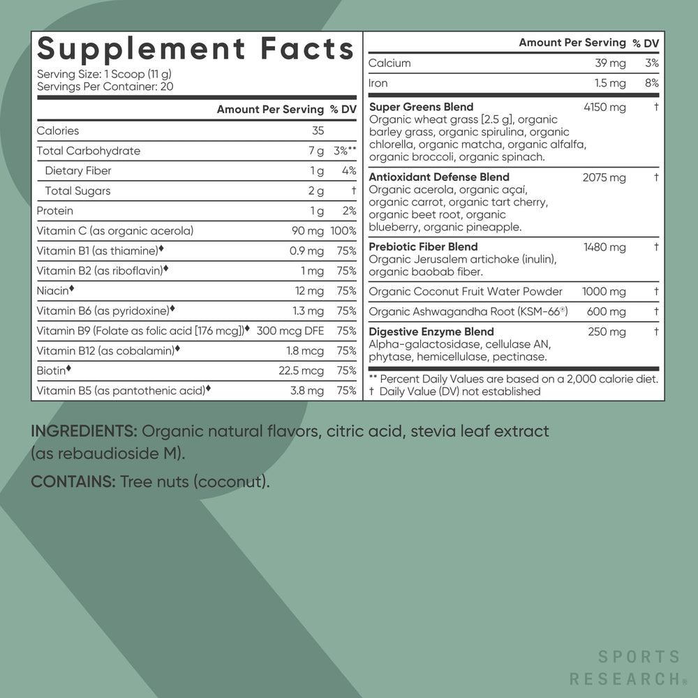 Sports Research Pineapple Coconut Greens display highlighting baobab fiber and enzymes