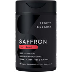 Sports Research Pure Saffron softgel bottle in kitchen, supporting daily mood and calm.
