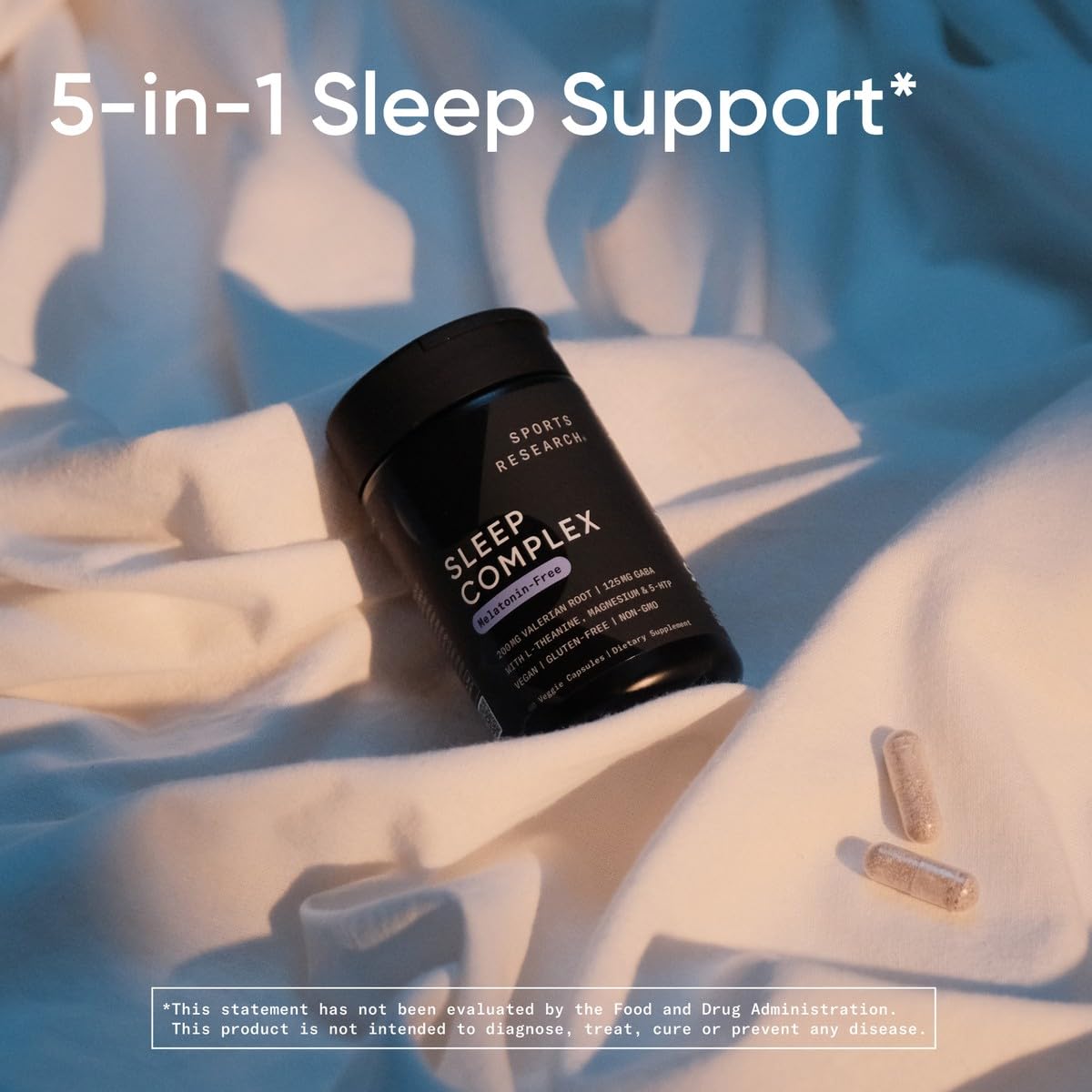 Sports Research Sleep Complex packaging shot emphasizing gluten-free and soy-free promise
