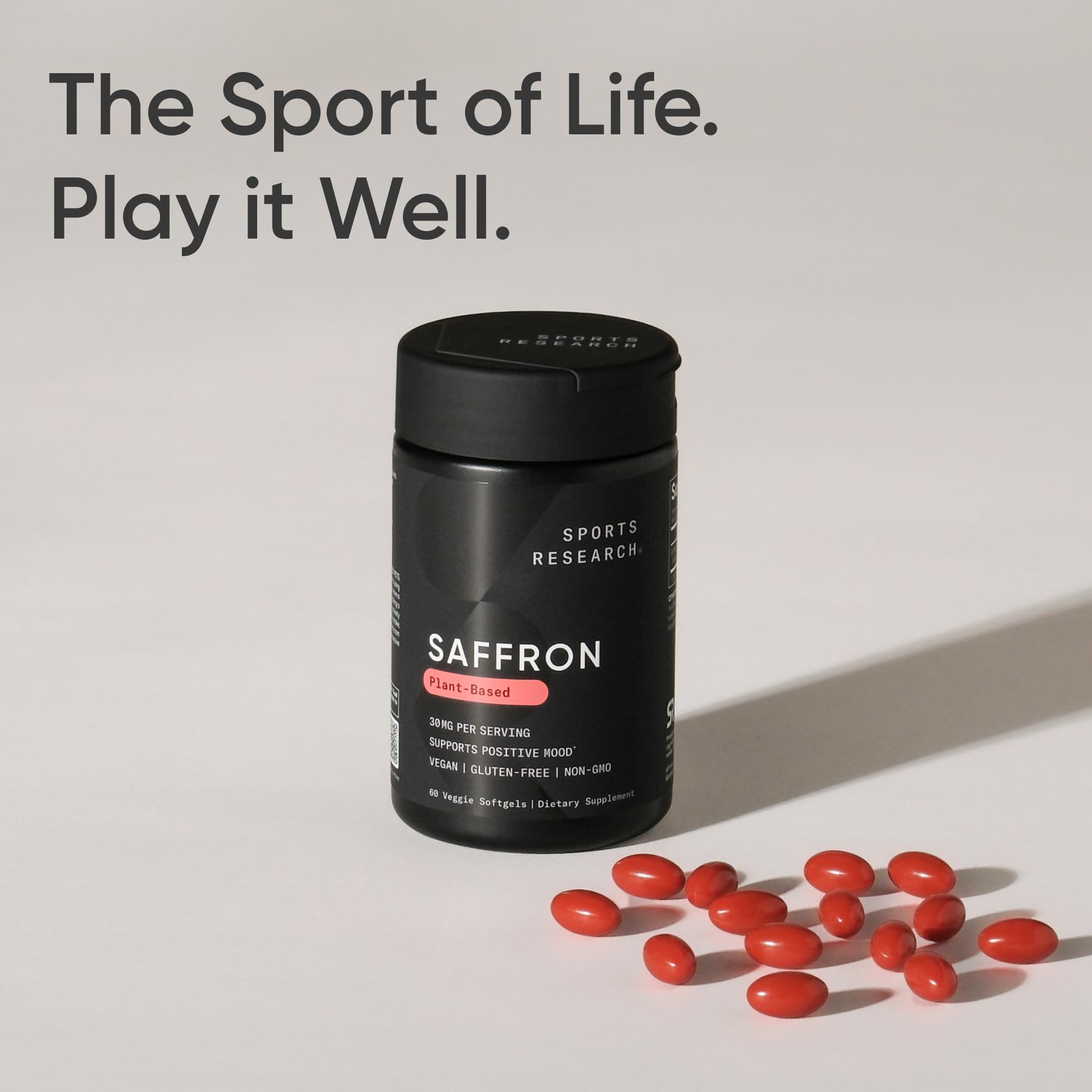 Third-party testing certificate on Sports Research saffron bottle indicates product quality.