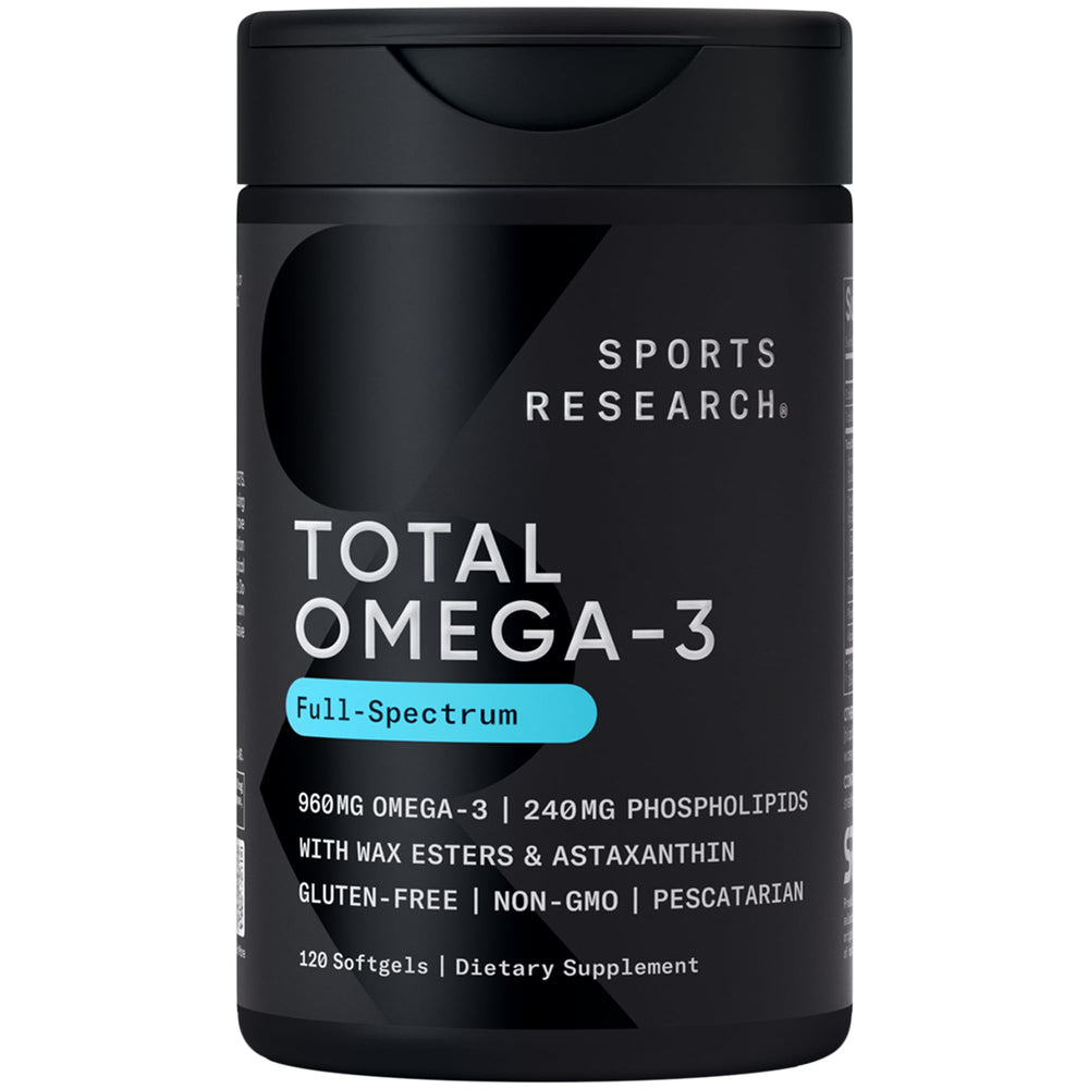Sports Research Total Omega-3 bottle showing krill and fish oil blend for potential heart support