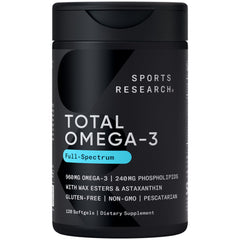 Sports Research Total Omega-3 bottle showing krill and fish oil blend for potential heart support