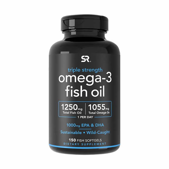 Sports Research triple strength omega-3 bottle shows burpless, wild-caught formula for heart and brain support.