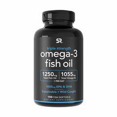 Sports Research triple strength omega-3 bottle shows burpless, wild-caught formula for heart and brain support.