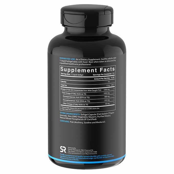Sports Research omega-3 softgels close-up, daily wellness with high EPA and DHA from wild fish.