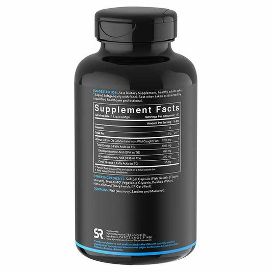 Sports Research omega-3 softgels close-up, daily wellness with high EPA and DHA from wild fish.