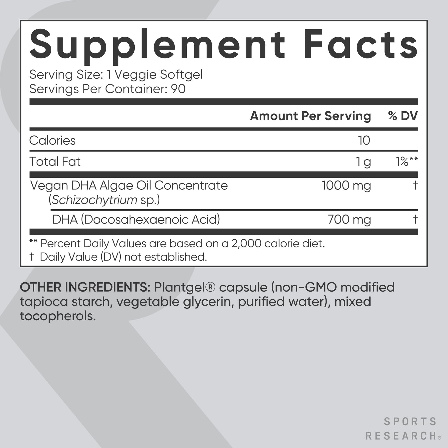 Sports Research vegan-certified logo confirming plant-based DHA option