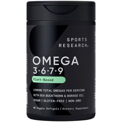 Sports Research Vegan Omega 3-6-7-9 bottle with 90 softgels for daily wellness