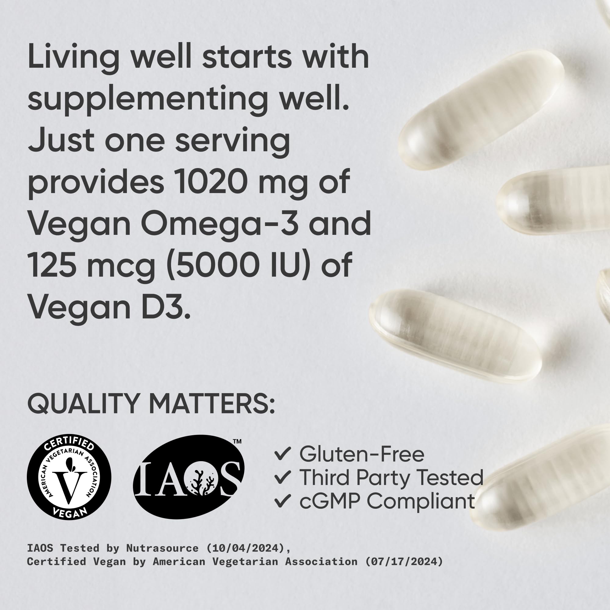 Sports Research vegan omega-3 algae oil capsules highlighted EPA and DHA source.