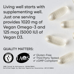 Sports Research vegan omega-3 algae oil capsules highlighted EPA and DHA source.