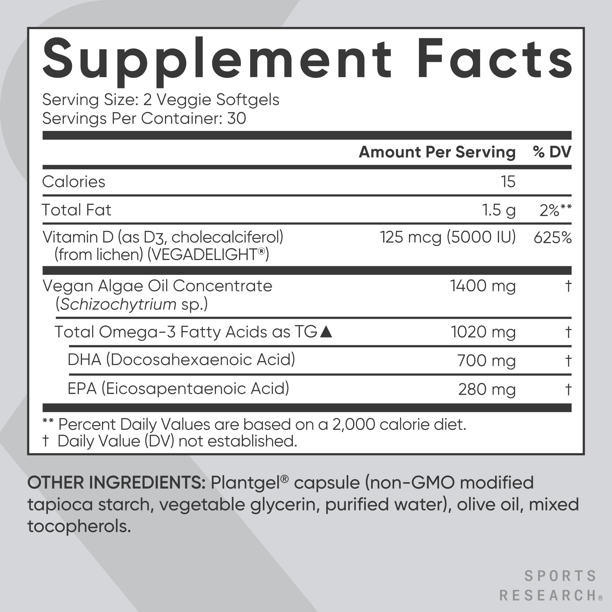 Sports Research vegan omega-3 softgels close-up view of capsules.
