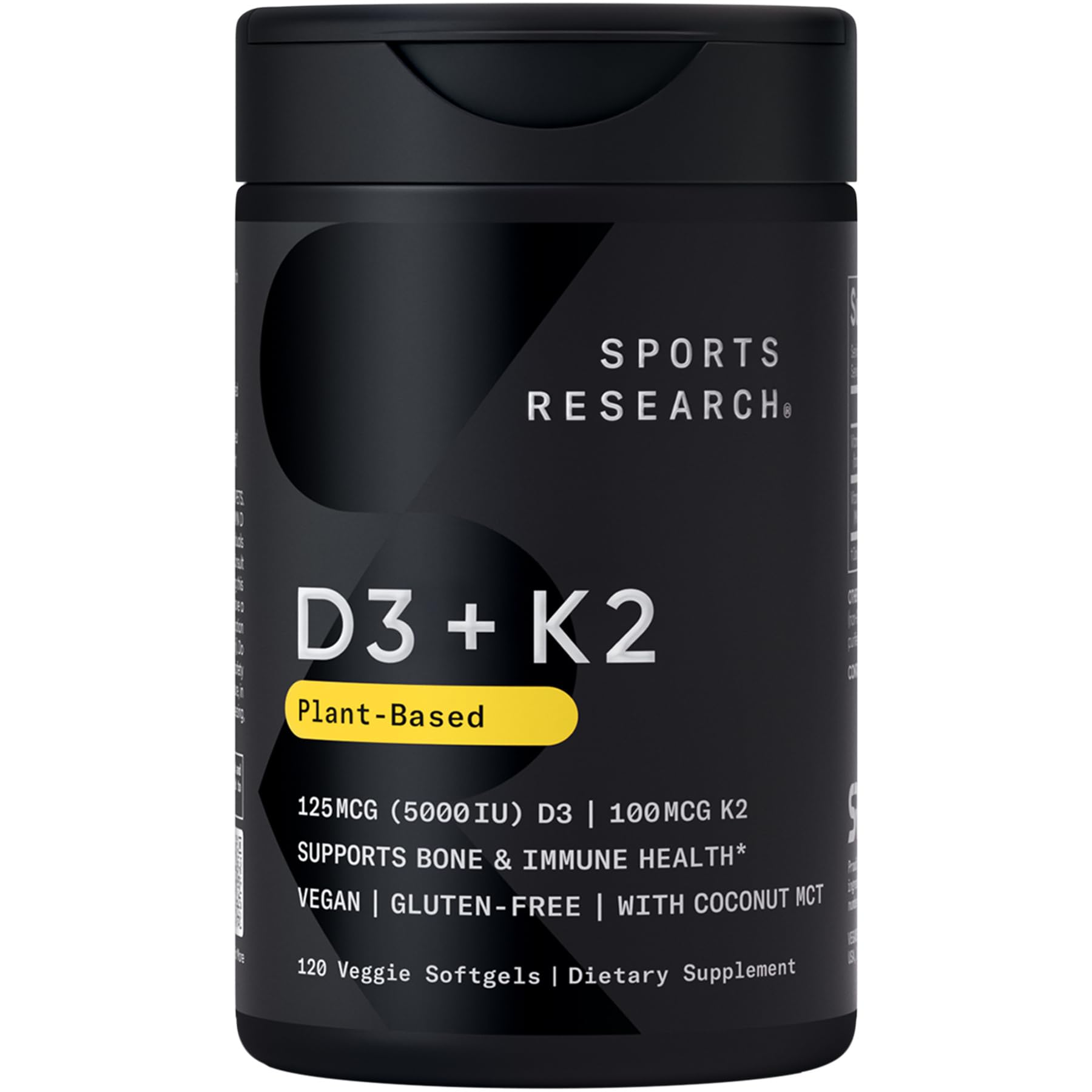 Sports Research D3 + K2 softgels bottle showing vegan formula for bone support.