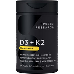 Sports Research D3 + K2 softgels bottle showing vegan formula for bone support.