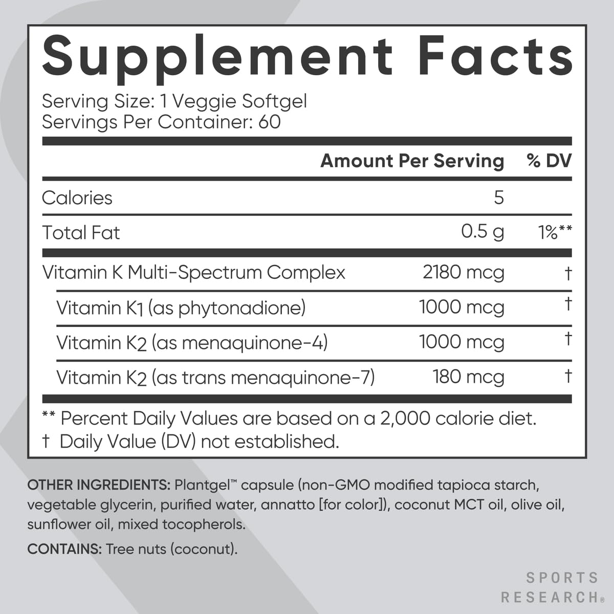 Sports Research Vitamin K Multi-Spectrum vegan-friendly icon on packaging, carrageenan-free capsule