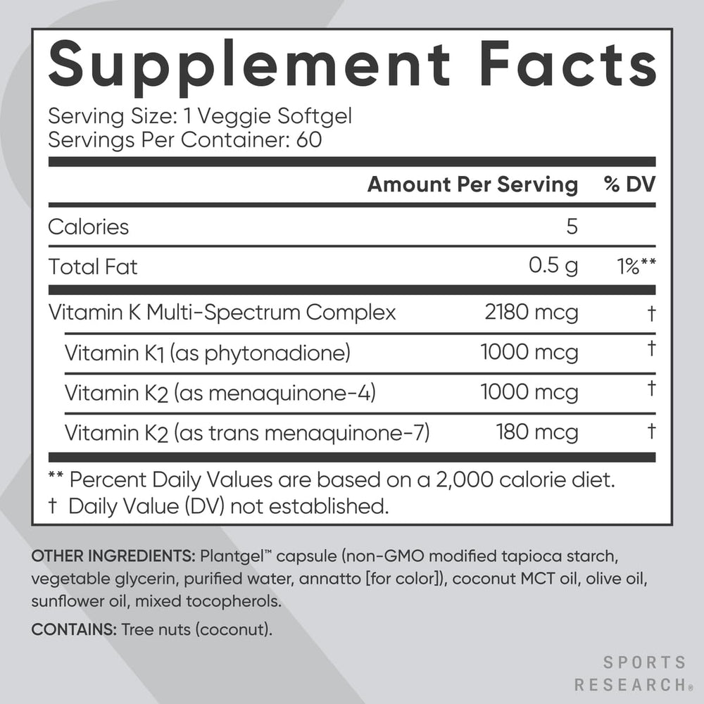 Sports Research Vitamin K Multi-Spectrum vegan-friendly icon on packaging, carrageenan-free capsule