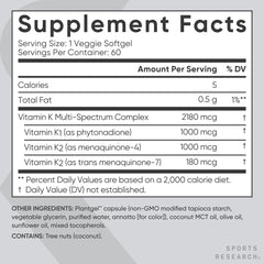 Sports Research Vitamin K Multi-Spectrum vegan-friendly icon on packaging, carrageenan-free capsule