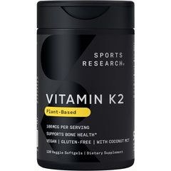 Sports Research Vitamin K2 MK7 bottle with one-a-day softgels for bone and cardiovascular support.