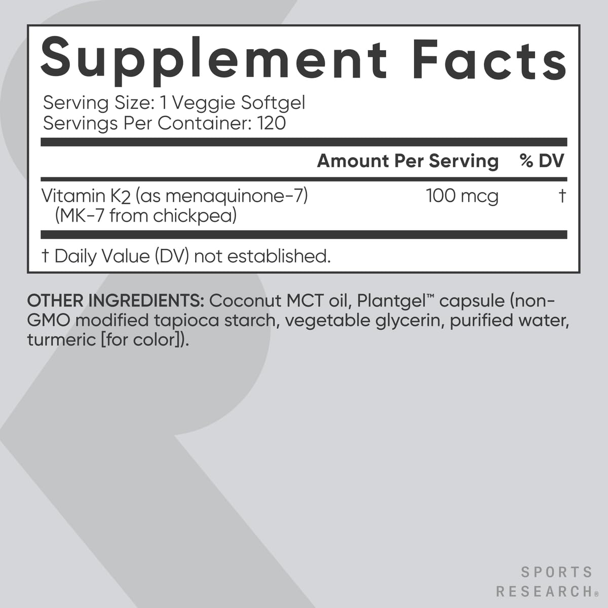 Sports Research K2 MK7 PlantGel softgel with UV color barrier protects potency.