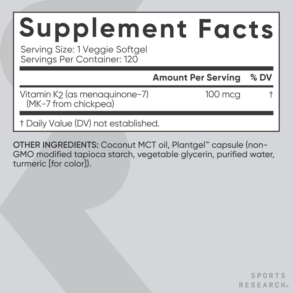 Sports Research K2 MK7 PlantGel softgel with UV color barrier protects potency.