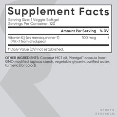 Sports Research K2 MK7 PlantGel softgel with UV color barrier protects potency.