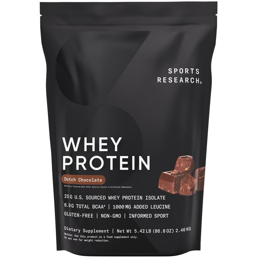 The Sports Research Whey Protein Dutch Chocolate bag for workout fueling.