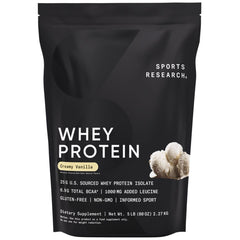 Sports Research Whey Protein Isolate vanilla bag showing 25 g protein per serving for lean muscle.