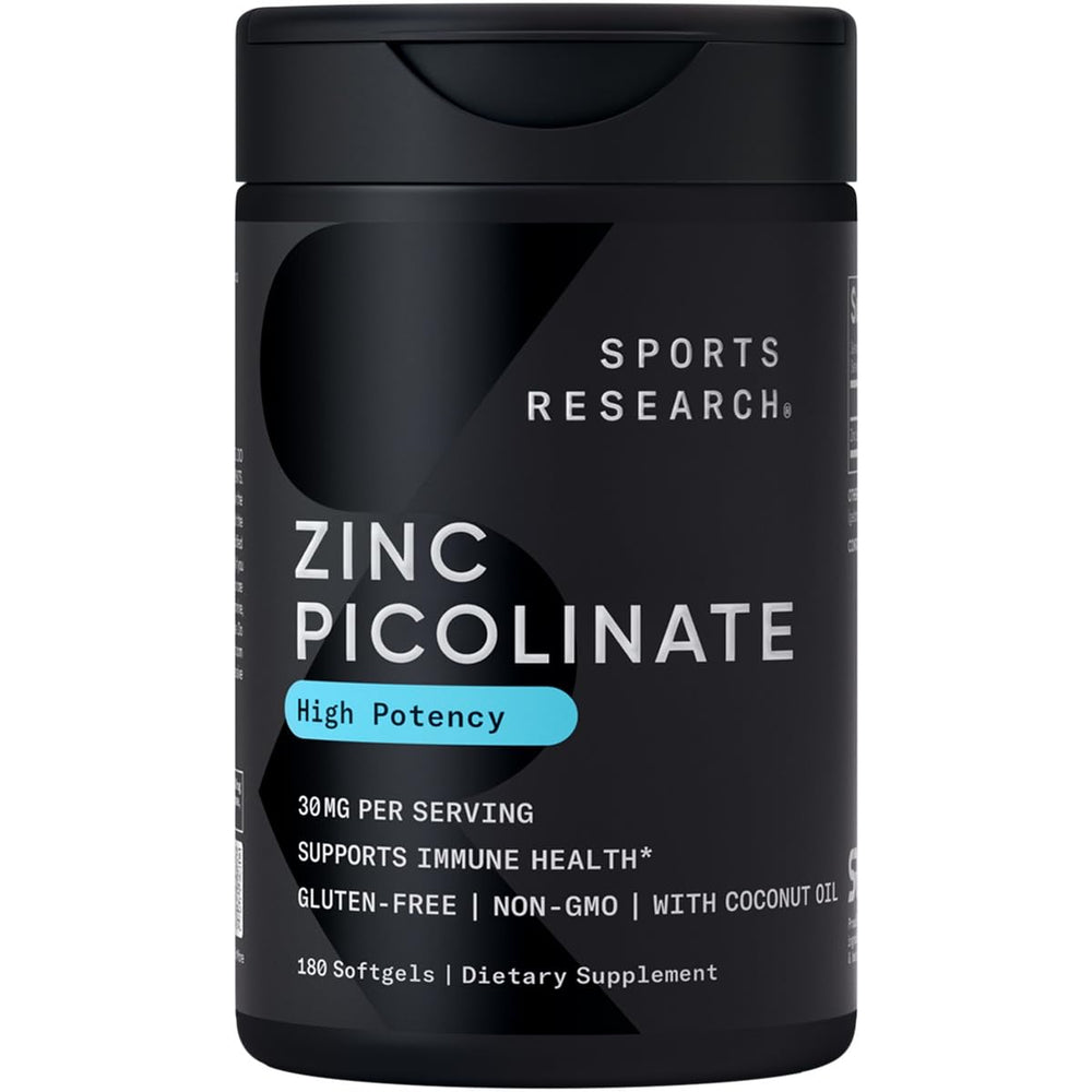 Sports Research zinc picolinate softgels bottle shows 30 mg potency for daily support.