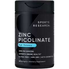 Sports Research zinc picolinate softgels bottle shows 30 mg potency for daily support.
