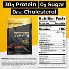 SPR BODY Transformation Protein label detailing per serving nutrition and ingredients.