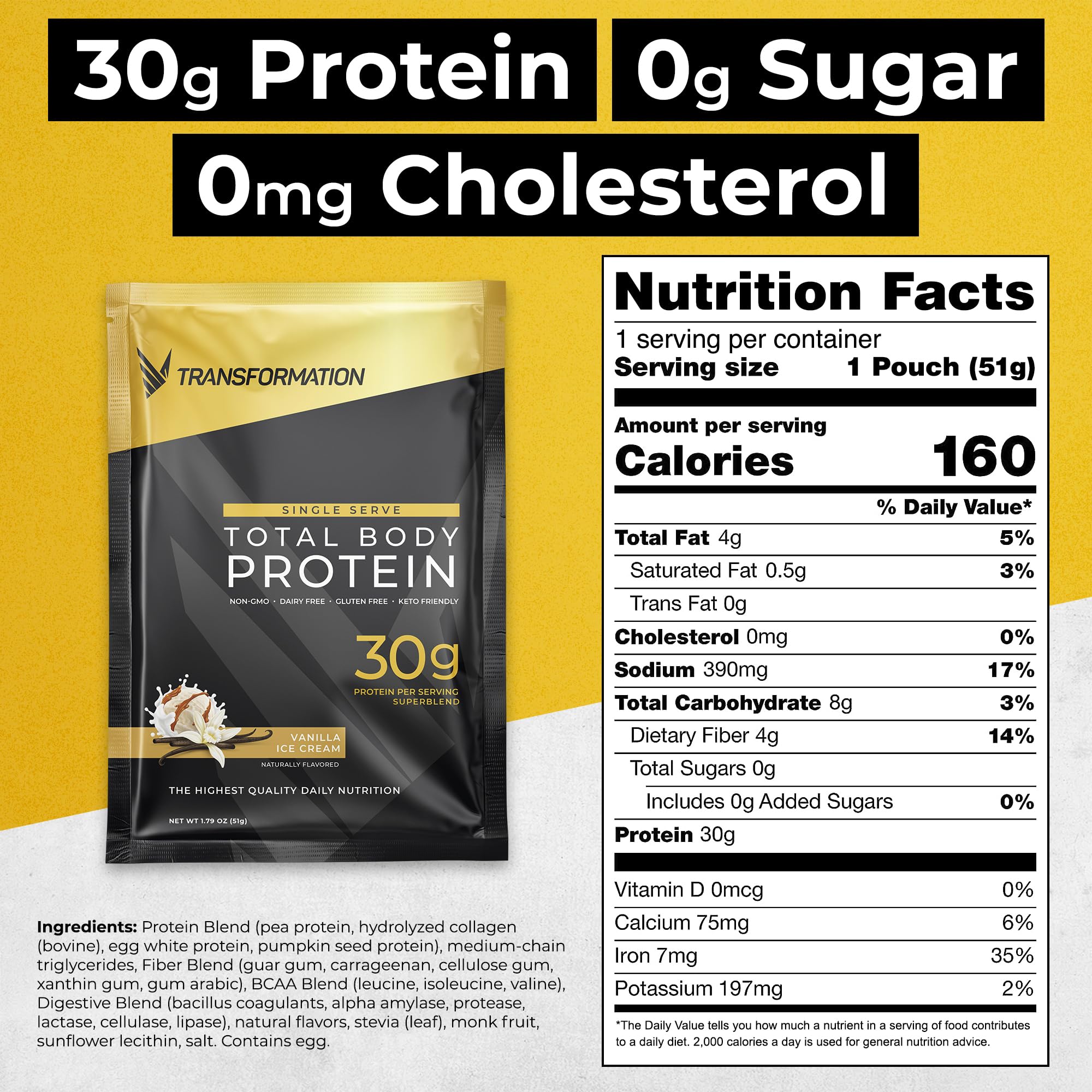 SPR BODY Transformation Protein label shows 30g protein per serving and leucine