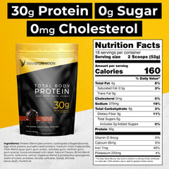 SPR BODY Transformation Protein Super Blend powder scoop with creamy chocolate texture