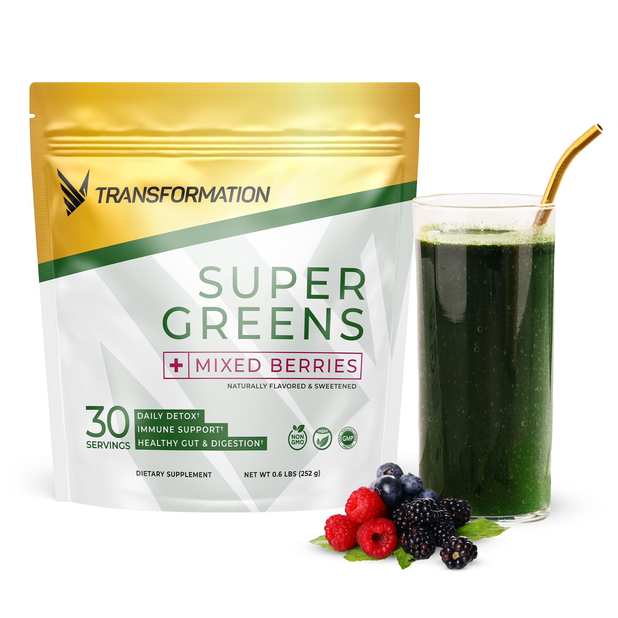 SPR BODY Transformation Super Greens bottle with scoop; boosts daily immune support and energy.