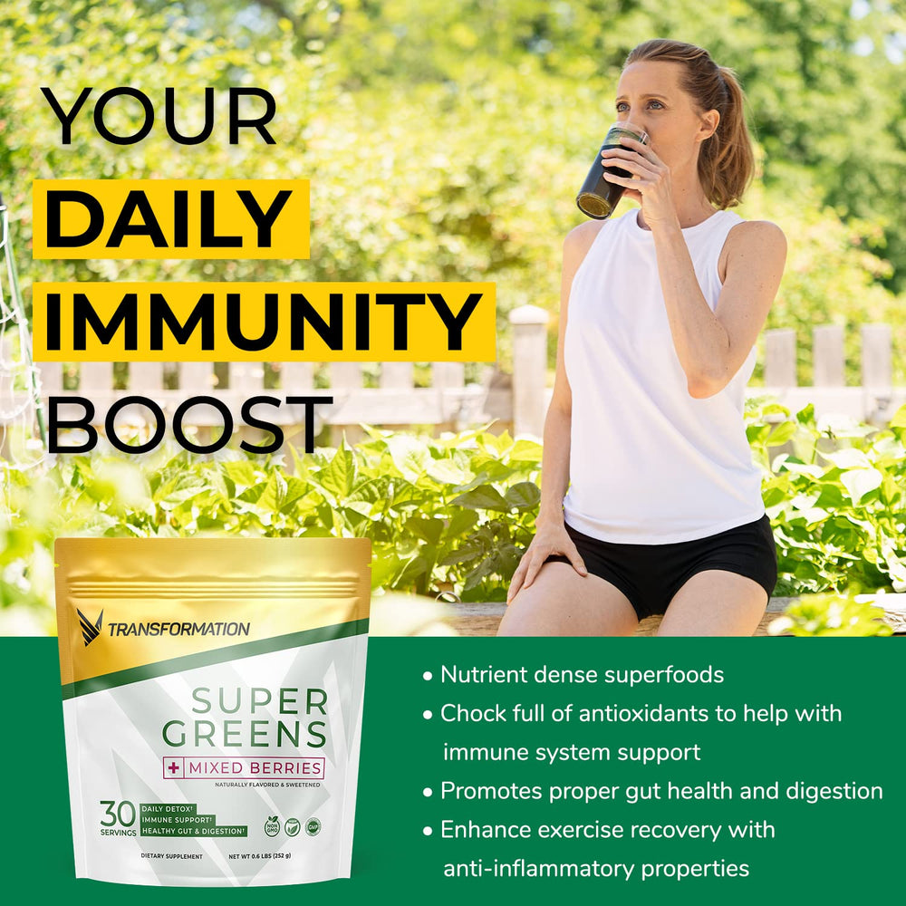 Glass of SPR BODY Transformation Super Greens powder mixed; supports detox-friendly day.