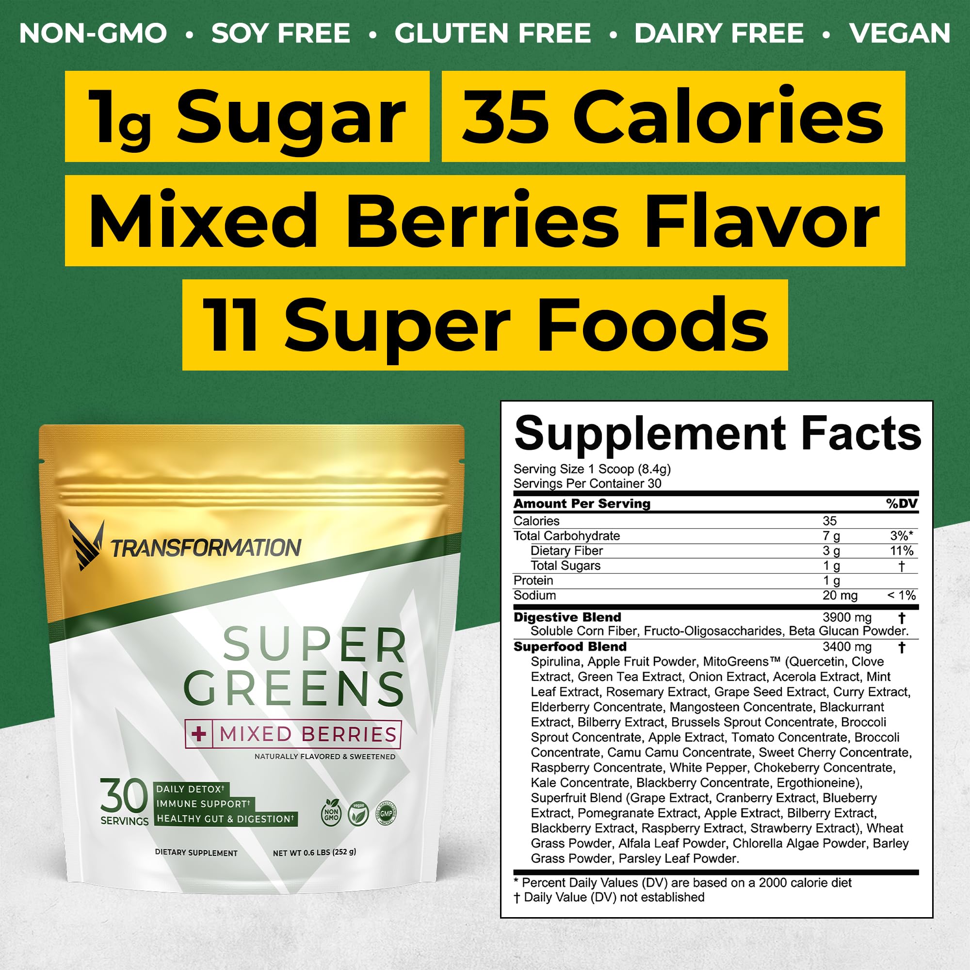 SPR BODY Transformation Super Greens powder with spoon; energizes daily routine.