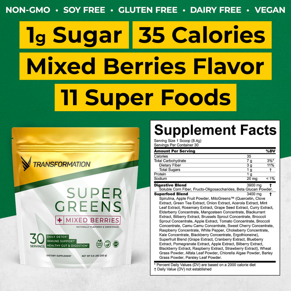SPR BODY Transformation Super Greens powder with spoon; energizes daily routine.